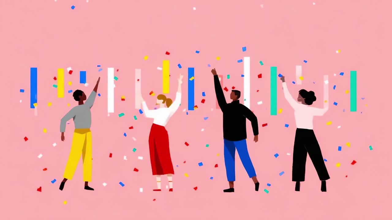 A Vibrant Celebration with Four Diverse Friends Raising Their Hands in Joy Amidst Colorful Confetti and Streamers on a Playful Pink Background Inviting Joyful Energy and Togetherness