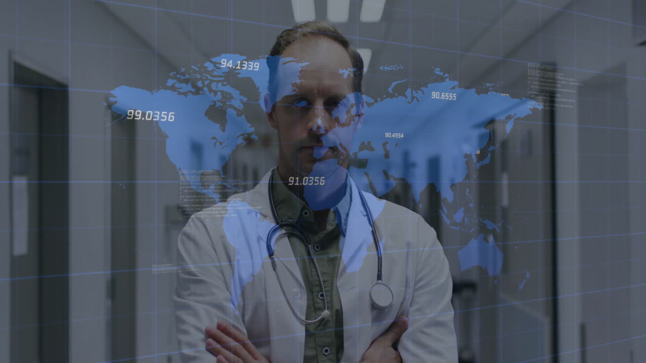 Standing with stethoscope, doctor viewing animation of world map in office