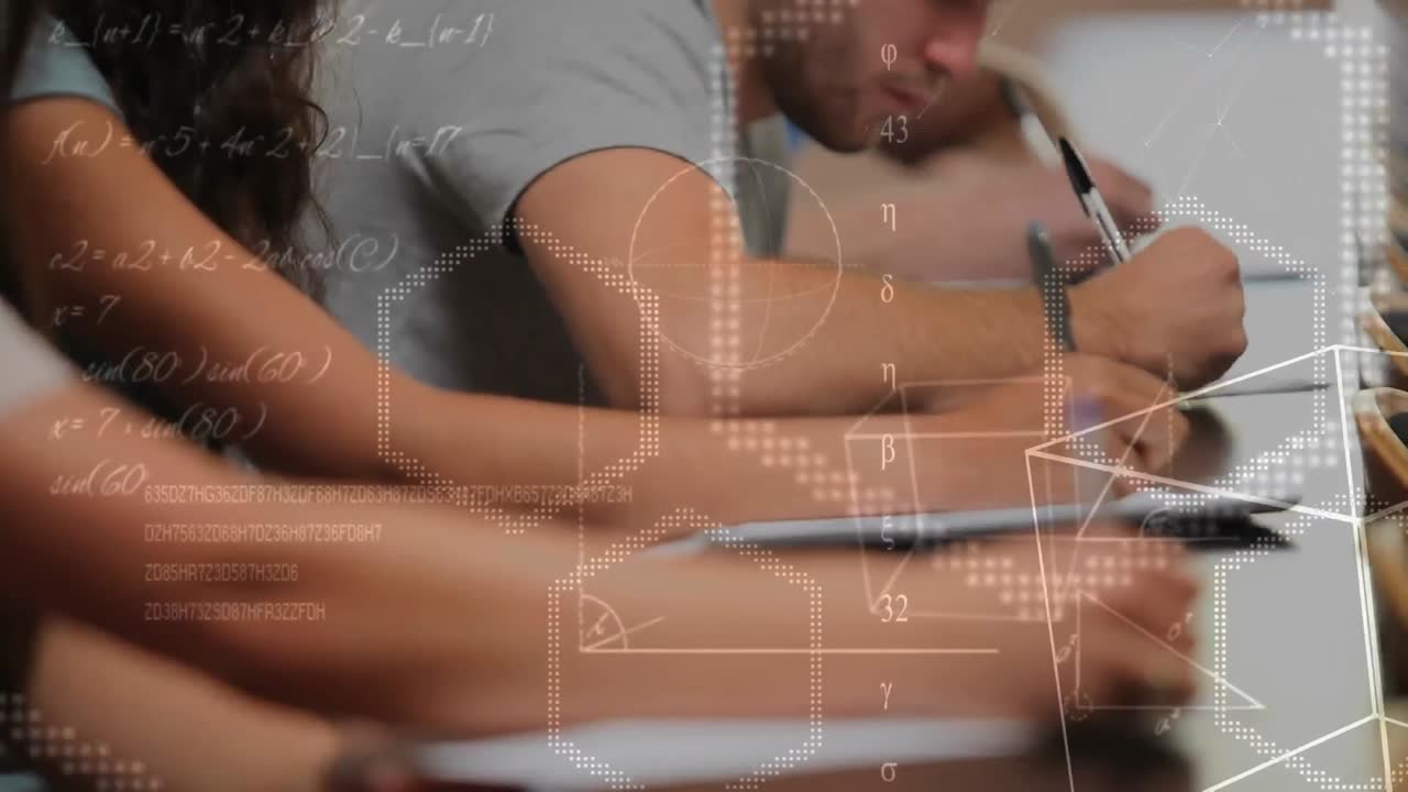 estudiantes sentados en escritorios escribiendo notas