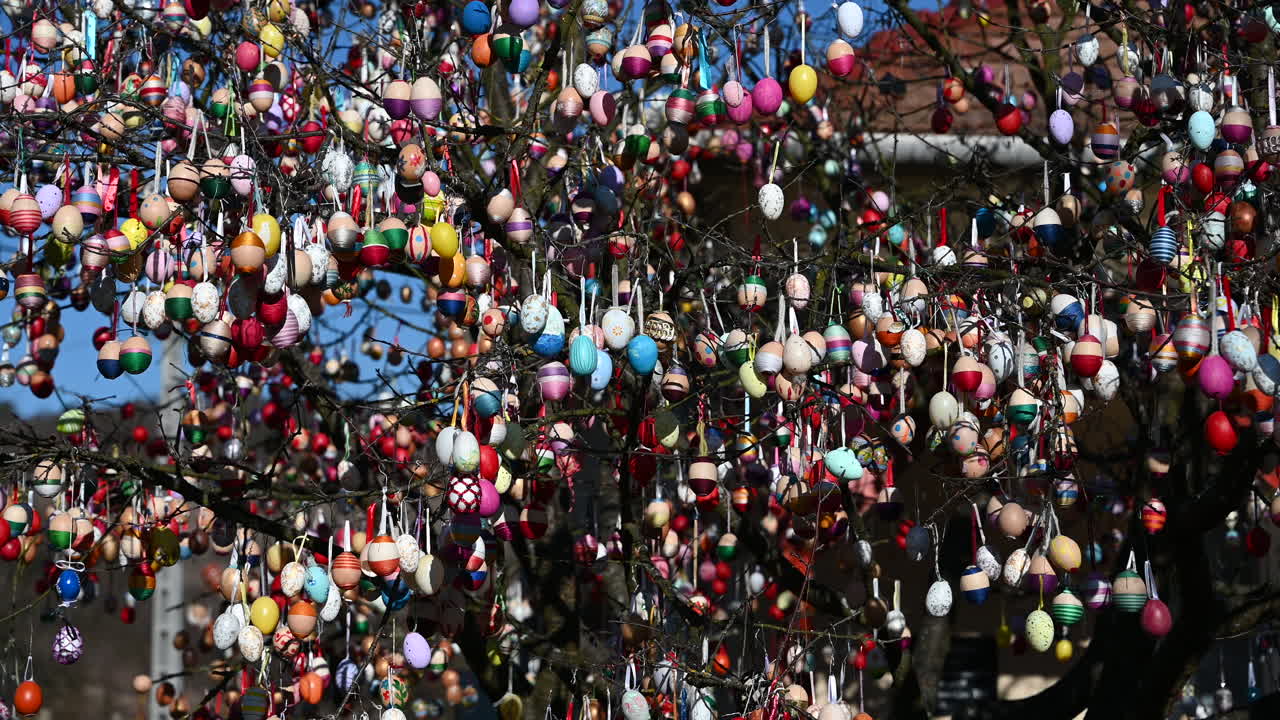 Detailed view of Easter egg tree with handcrafted