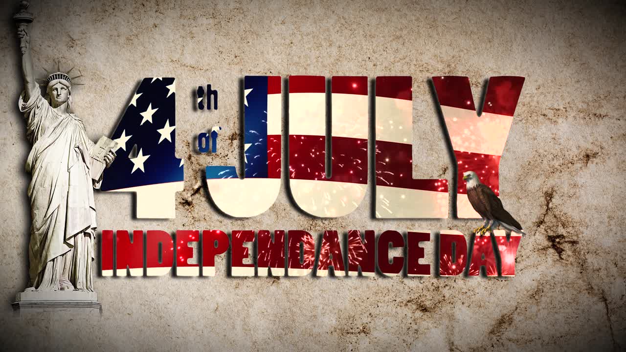 미국 발과 축제 불꽃놀이의 형태의 텍스트 - 7월 4일 독립의 날 - 자유의 동상과 독수리와 함께 빈티지, 은, 오래된 종이의 배경에.
