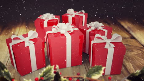 animación de nieve cayendo sobre el muñeco de nieve con regalos de navidad rojos en tablas de madera
