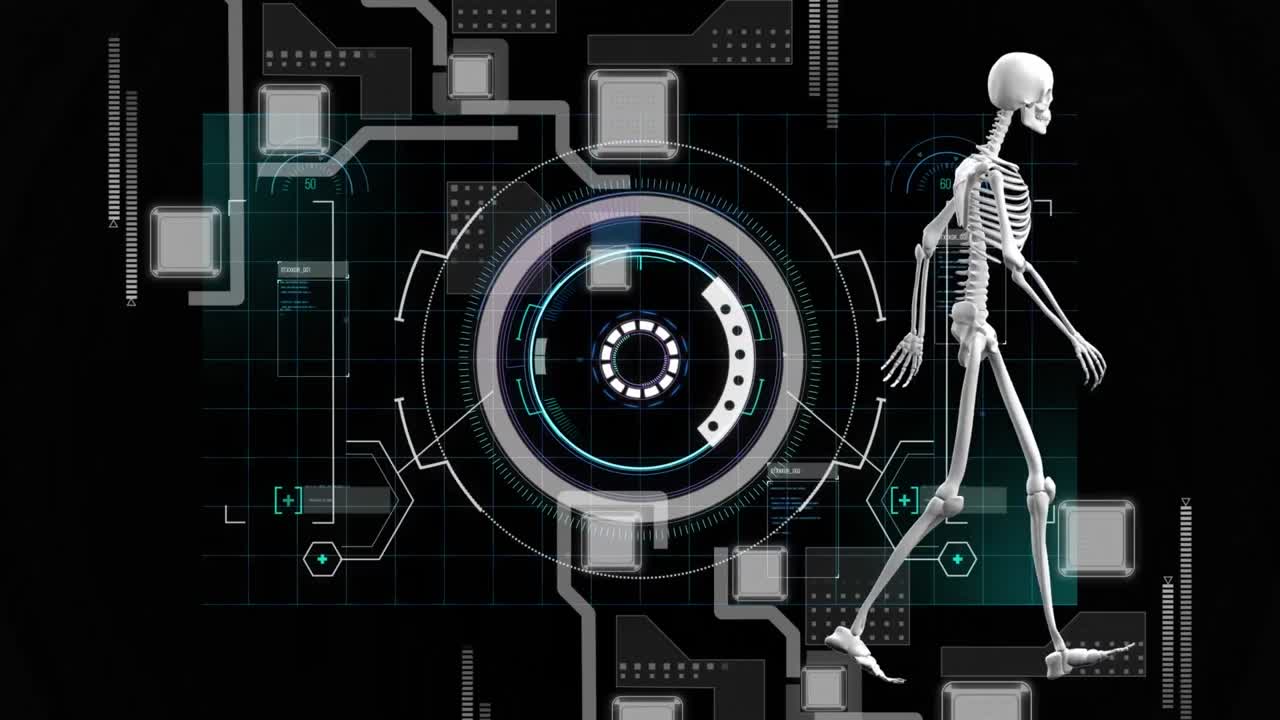 animación del procesamiento de datos y el esqueleto digital sobre fondo negro