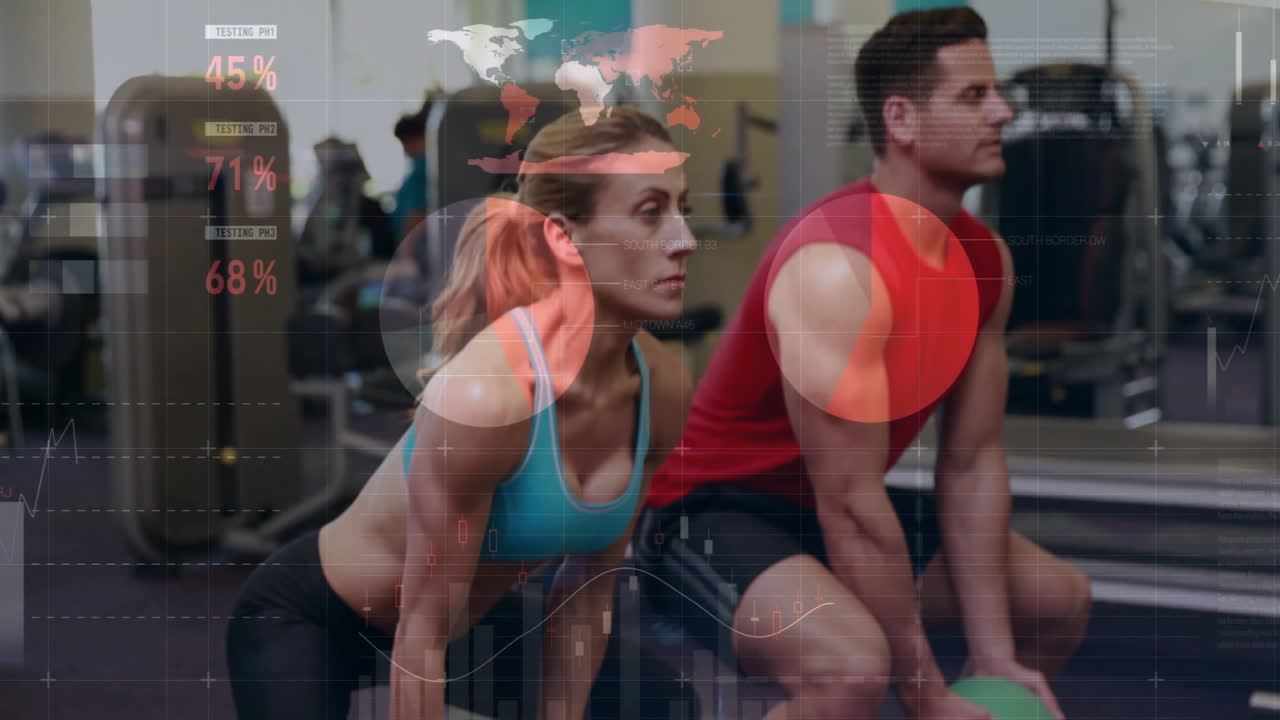 Fitness data and statistics animation over people exercising in gym