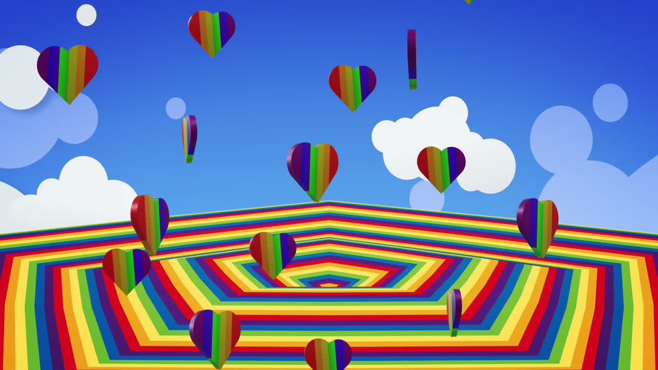 Animation of pride lgbtq hearts and rainbow shapes background