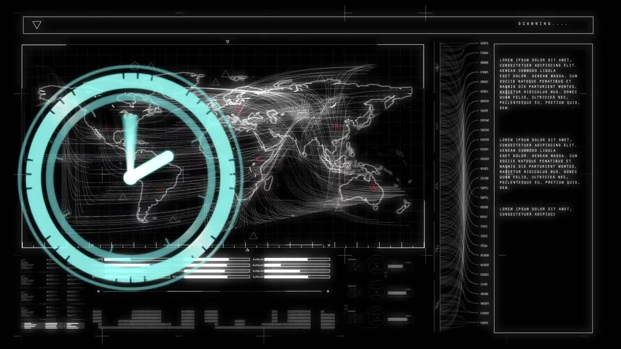 검은 바탕에 시계와 데이터 처리의 애니메이션