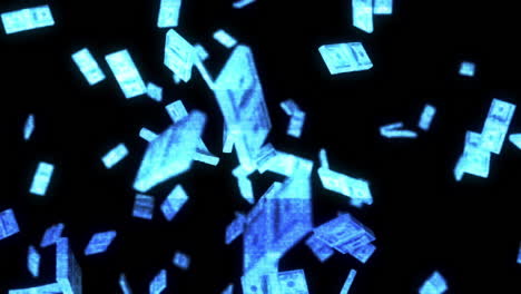 glowing hologram 100 dollar bills falling with black background - 3d animation