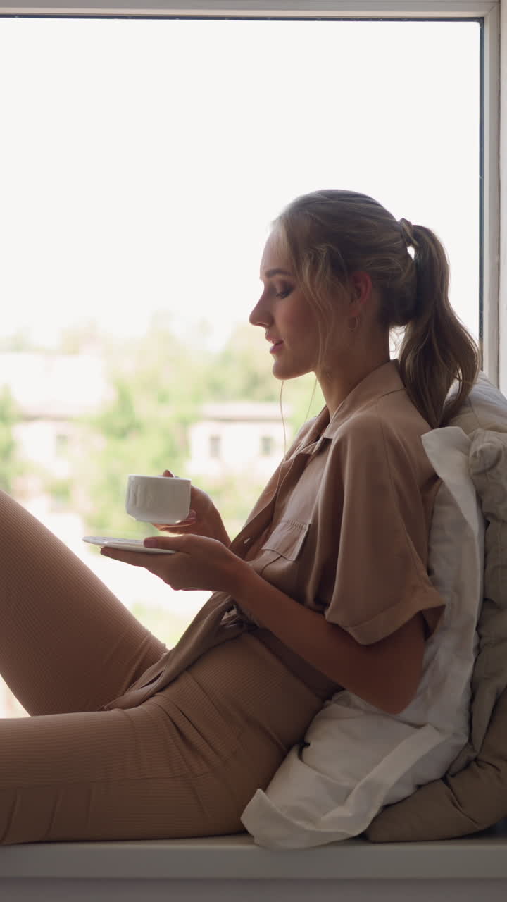 Young blonde woman with ponytail has cup of hot drink in morning enjoying view from big window in comfortable room at home slow motion