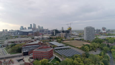 aerial of university of minnesota solar panels downtown minneapolis in the background