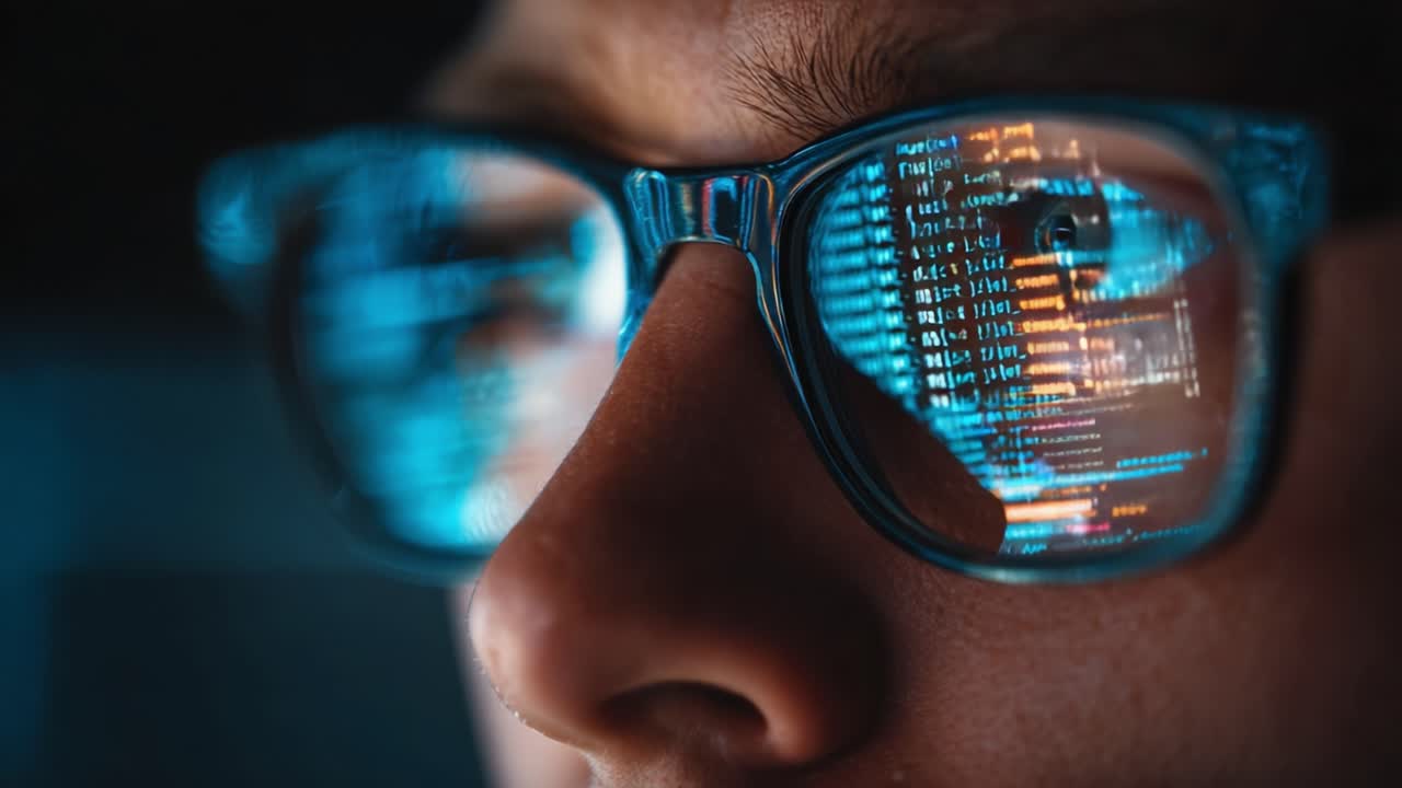 A Close-Up View of a Programmer's Focus, Showcasing Lines of Code Reflected in Glasses, Illustrating the Depth of Concentration in Coding and Software Development
