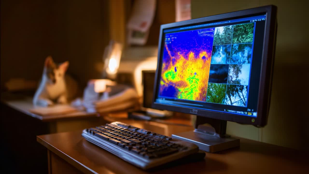 A high-tech monitor displaying thermal images alongside natural landscapes, with a calm cat observing in the background, showcasing a unique blend of technology and nature