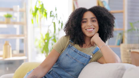 face, smile and woman relax on sofa