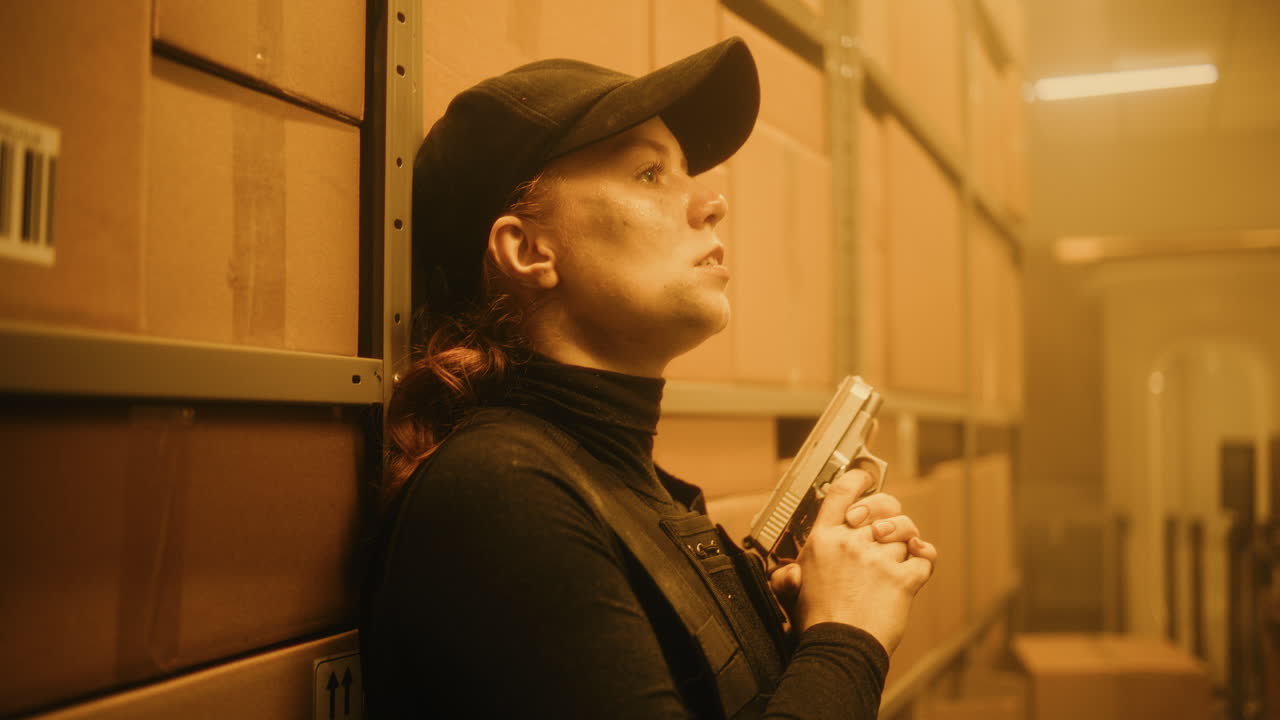 Woman Security Guard in Warehouse with Gun