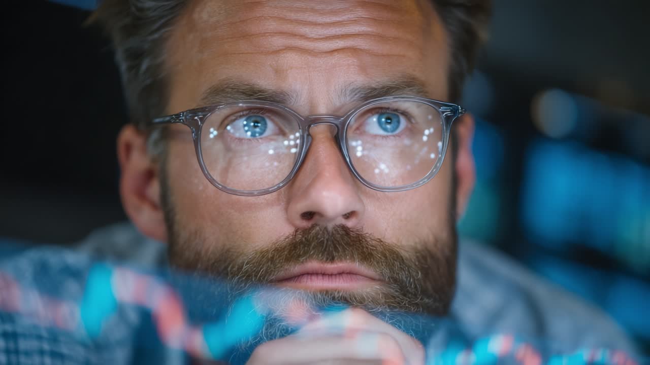 Focused Analyst Contemplating Market Trends Amidst Data Visualizations in a Modern Workspace Environment