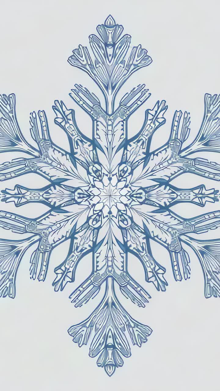 Video verticale: un fiocco di neve blu rotante si sposta verso il basso dopo il fotogramma 1 rivelando le braccia su una pagina chiara