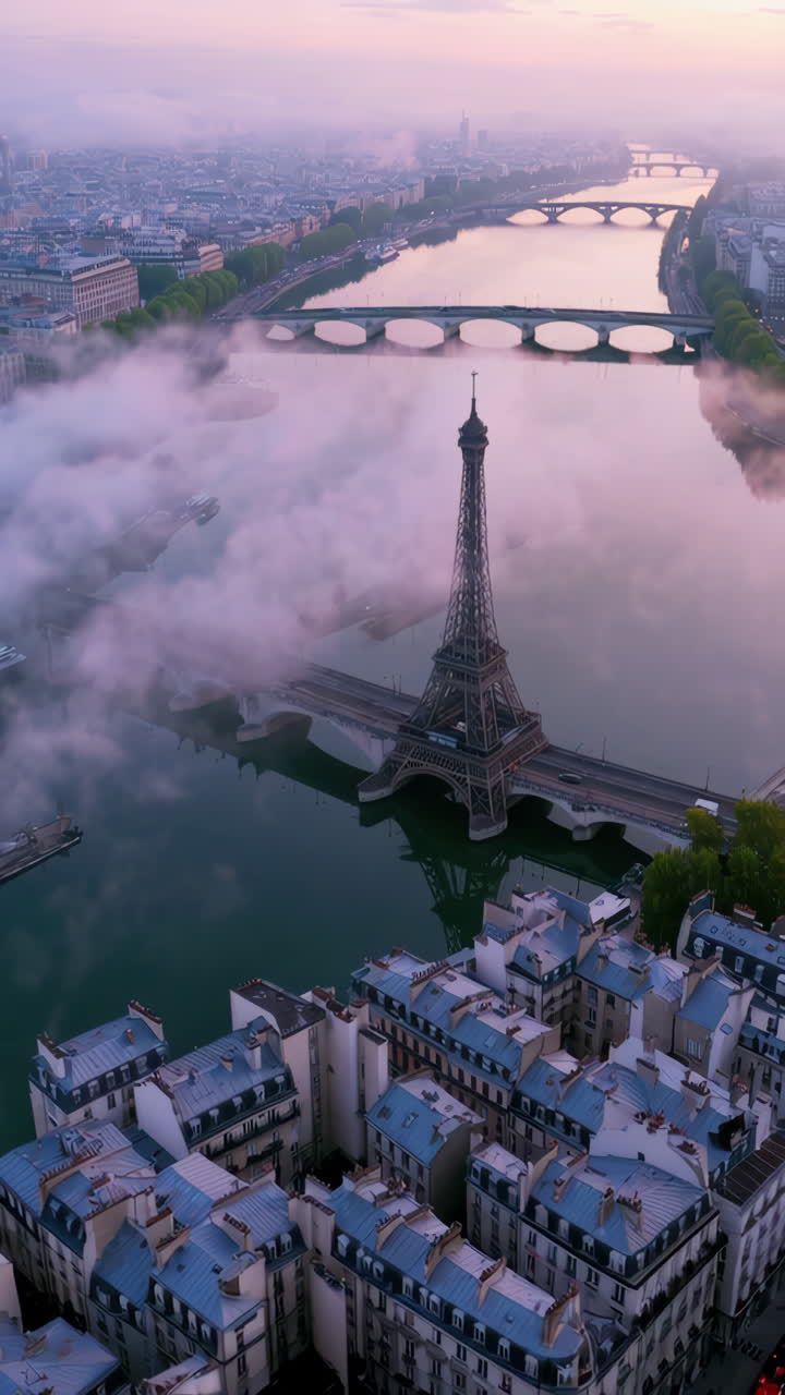 Aerial View of Eiffel Tower and Paris Cityscape at Dawn with Pink Fog