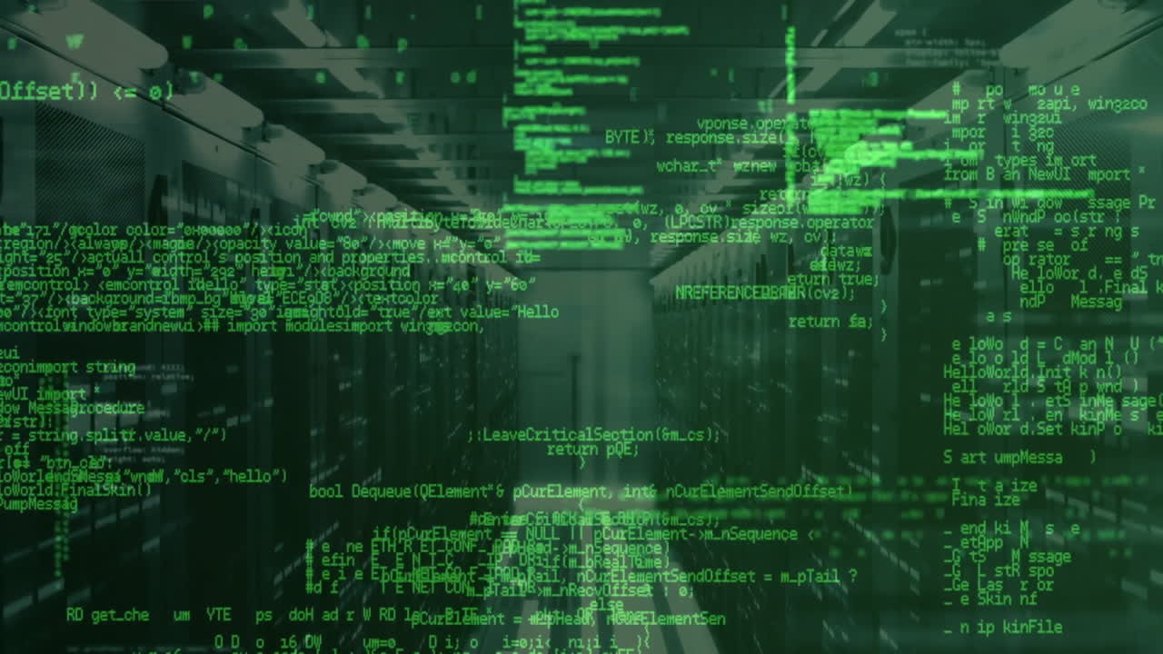 Green code animation displaying over server racks in data center