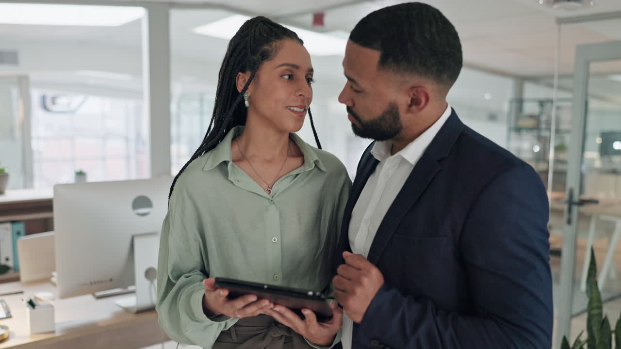 Teamwork, tablet and research with business people