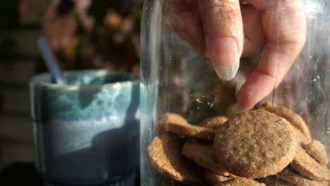 Woman-having-hot-drink-and-biscuits-from-biscuit-jar-on-terrace-at-autumn