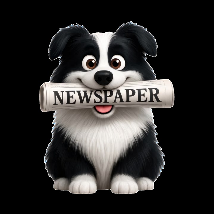 Carino cucciolo di Border Collie animato che tiene un giornale