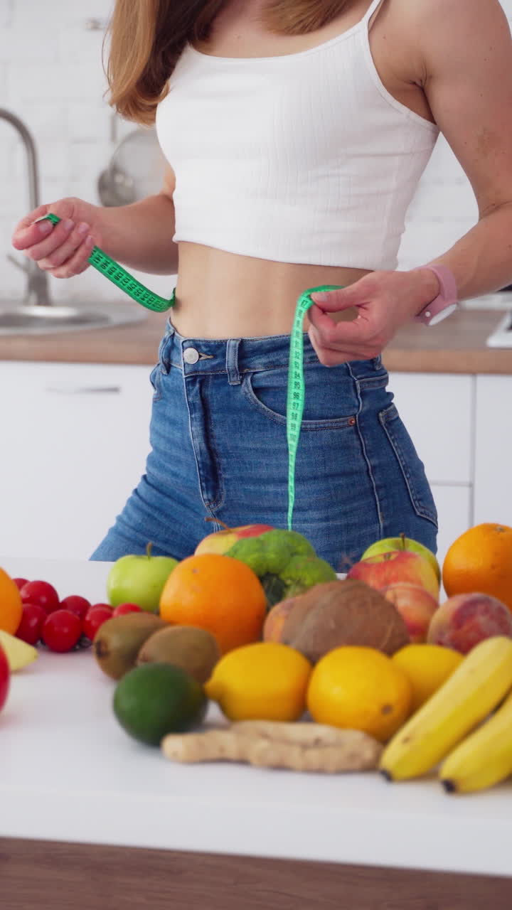 Sporty young woman in light kitchen. Attractive sporty woman standing on kitchen with centimeter while measuring her waist. Vertical video