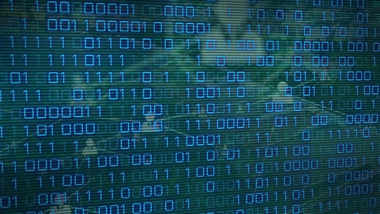 Binary coding data processing over network of profile icons against green background