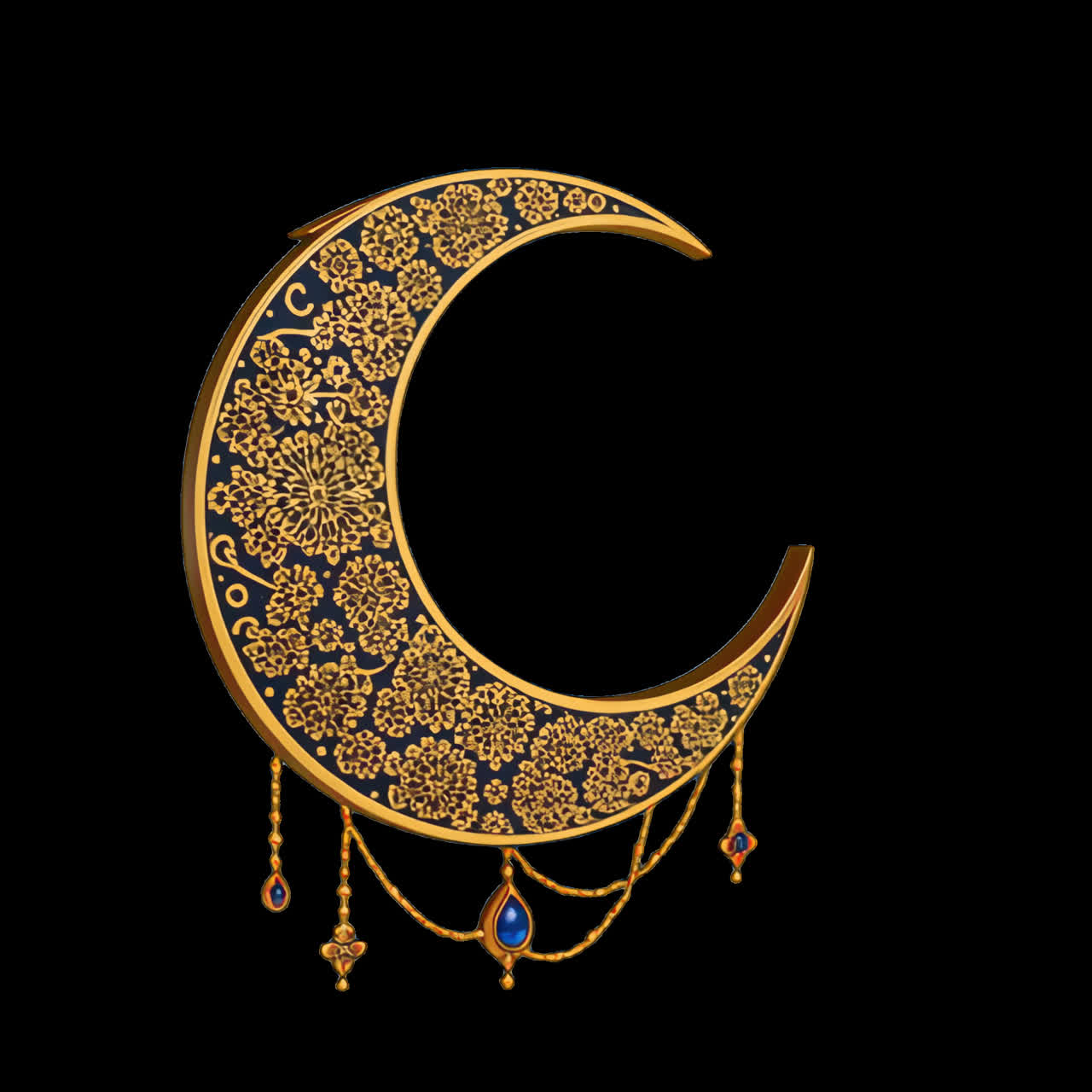 Elegant ornate crescent moon design animation isolated asset, transparent 4K video, alpha channel