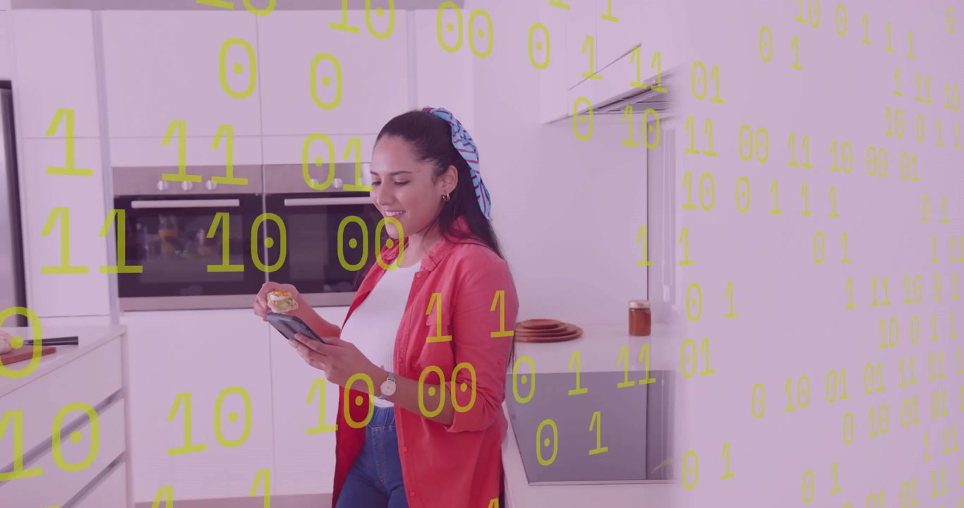 After tapping tablet woman sampling sauce in kitchen while animated cooking instructions floating