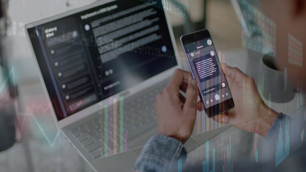 Animation of data processing over biracial businessman with smartphone and laptop in office