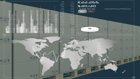 animation of financial data processing over cardboard boxes