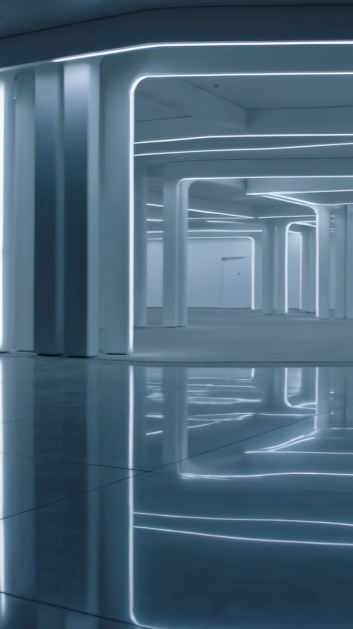 Vertikal video: Kamera afslører halls reflekterende gulv, bevæger sig ned til højre, viser søjler, LED'er.