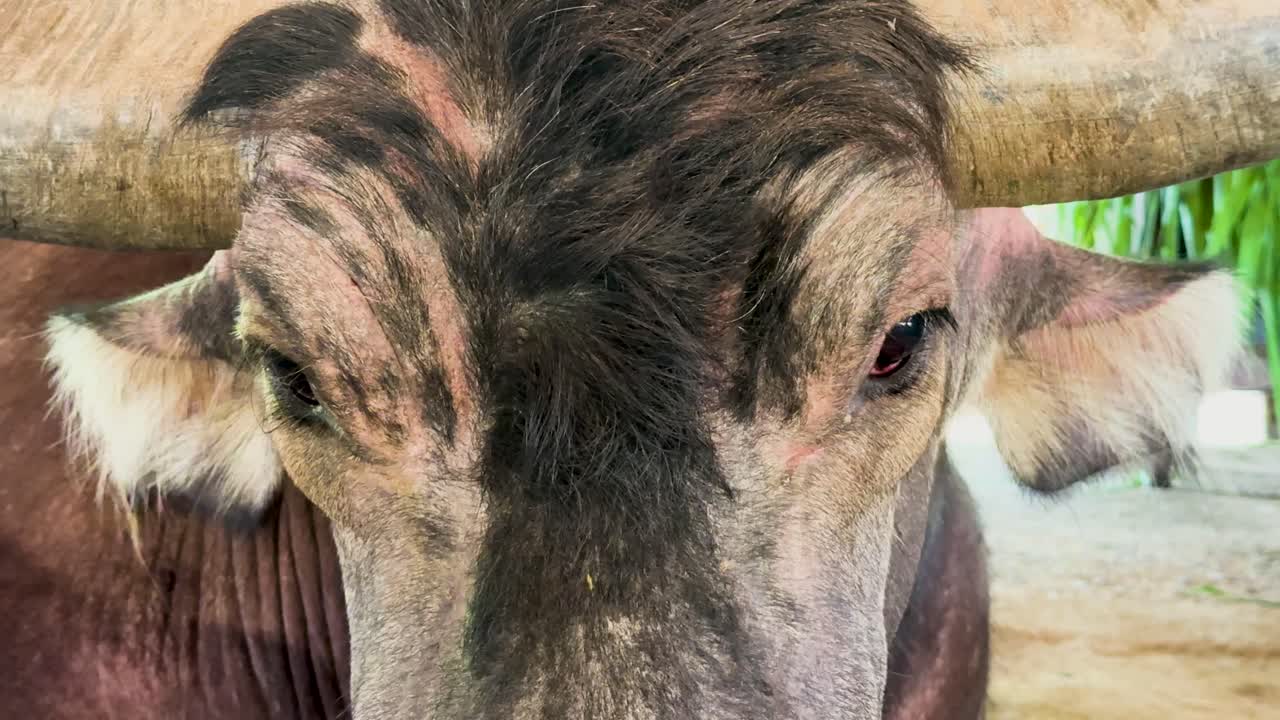 Close-up of a water buffalo chewing with visible ears and horns. Natural lighting and rustic environment enhance the serene mood