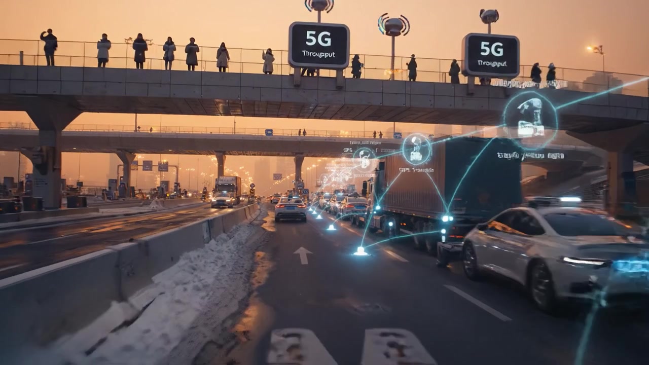 Progressi tecnologici nel traffico urbano: uno sguardo a veicoli automatizzati e connettività su un'autostrada trafficata al tramonto con infrastruttura 5G.