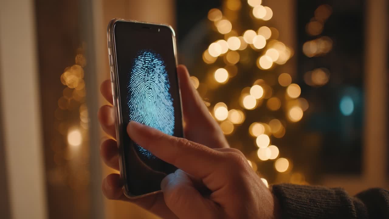 A close-up view of a person's finger scanning a fingerprint on a smartphone screen, with blurred holiday lights in the background creating a festive atmosphere