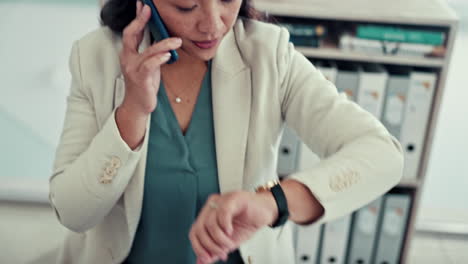 phone call, watch and business woman in office