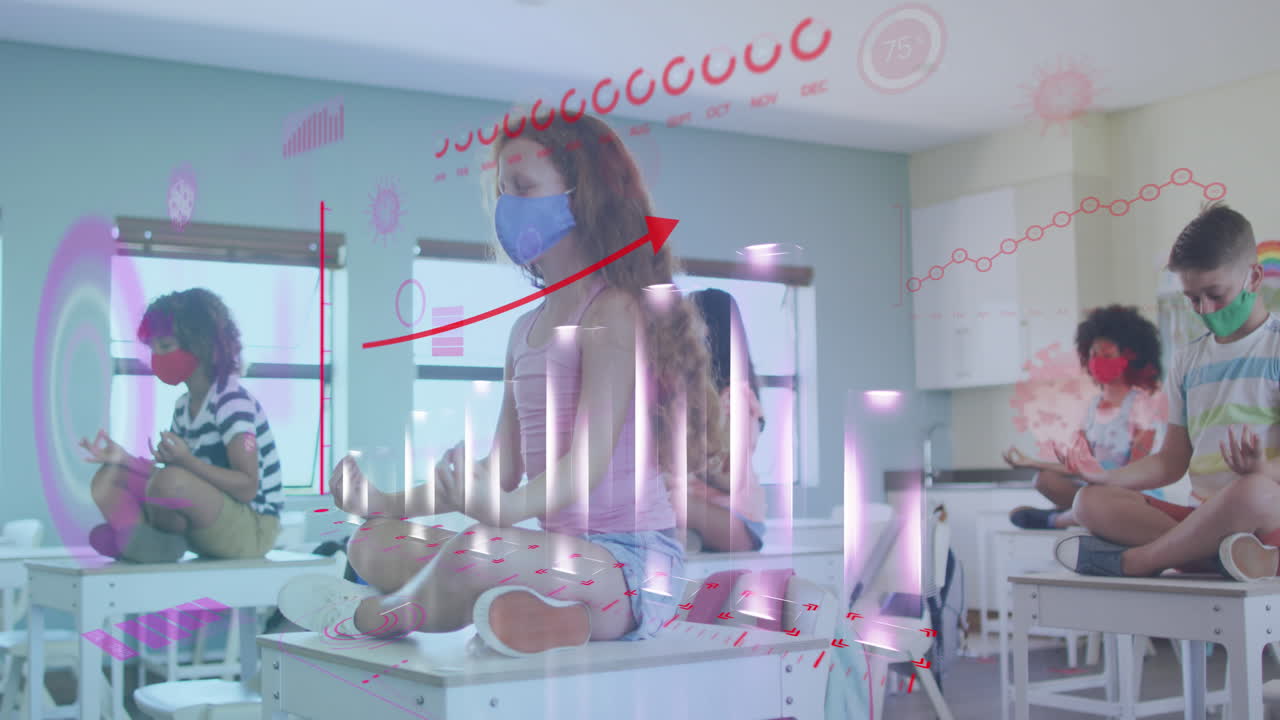 사무실에서 마스크를 쓰고 있는 동료들과 함께 통계를 보여주는 디지털 인터페이스의 애니메이션