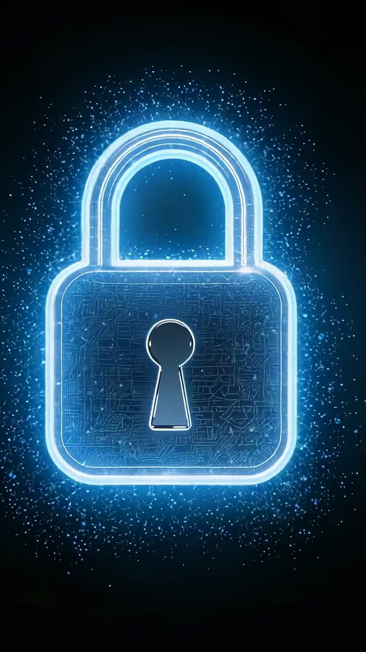 Vertical video: Pulsing neon-blue padlock sparking on black, with circuit keyhole after loop start