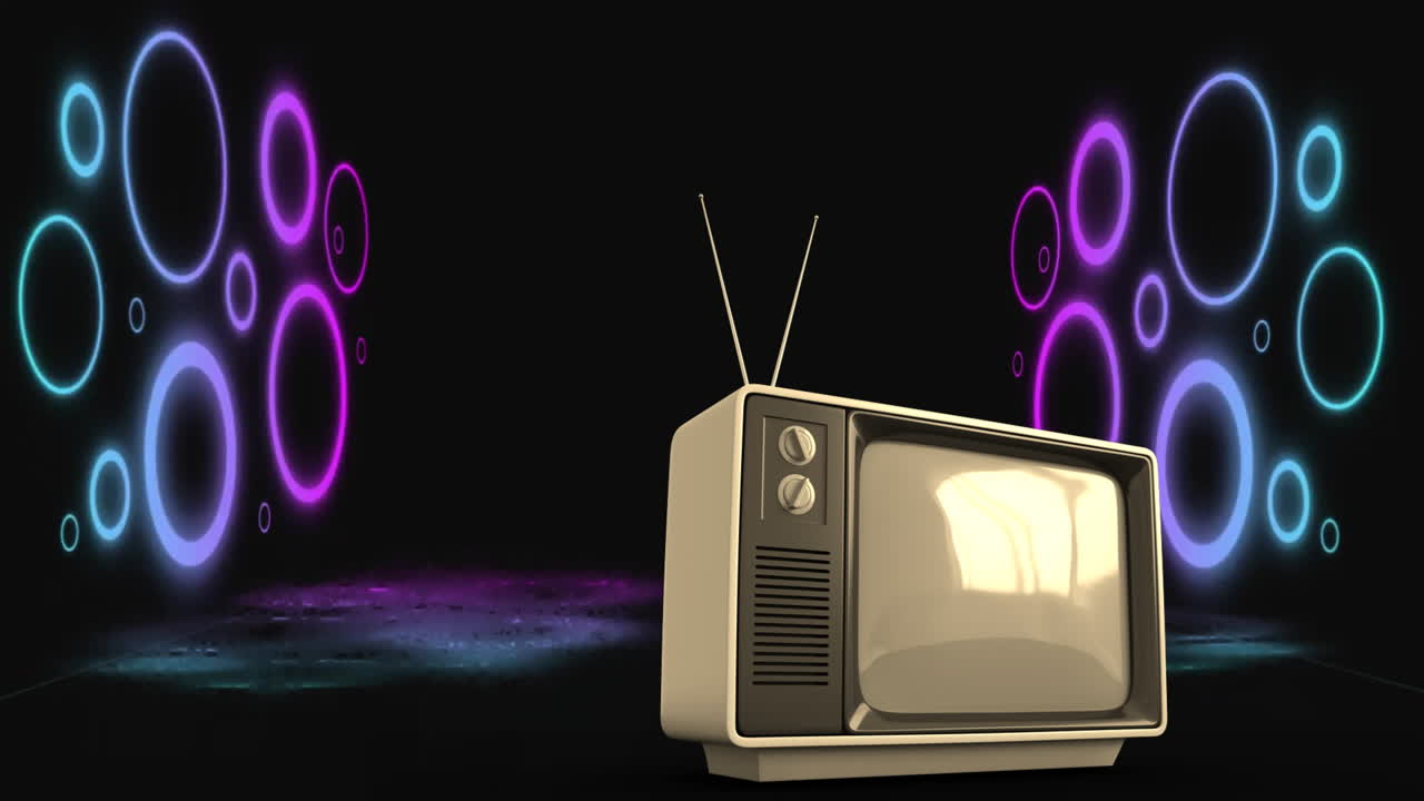 Glowing neon circles surrounding retro television set in dark background