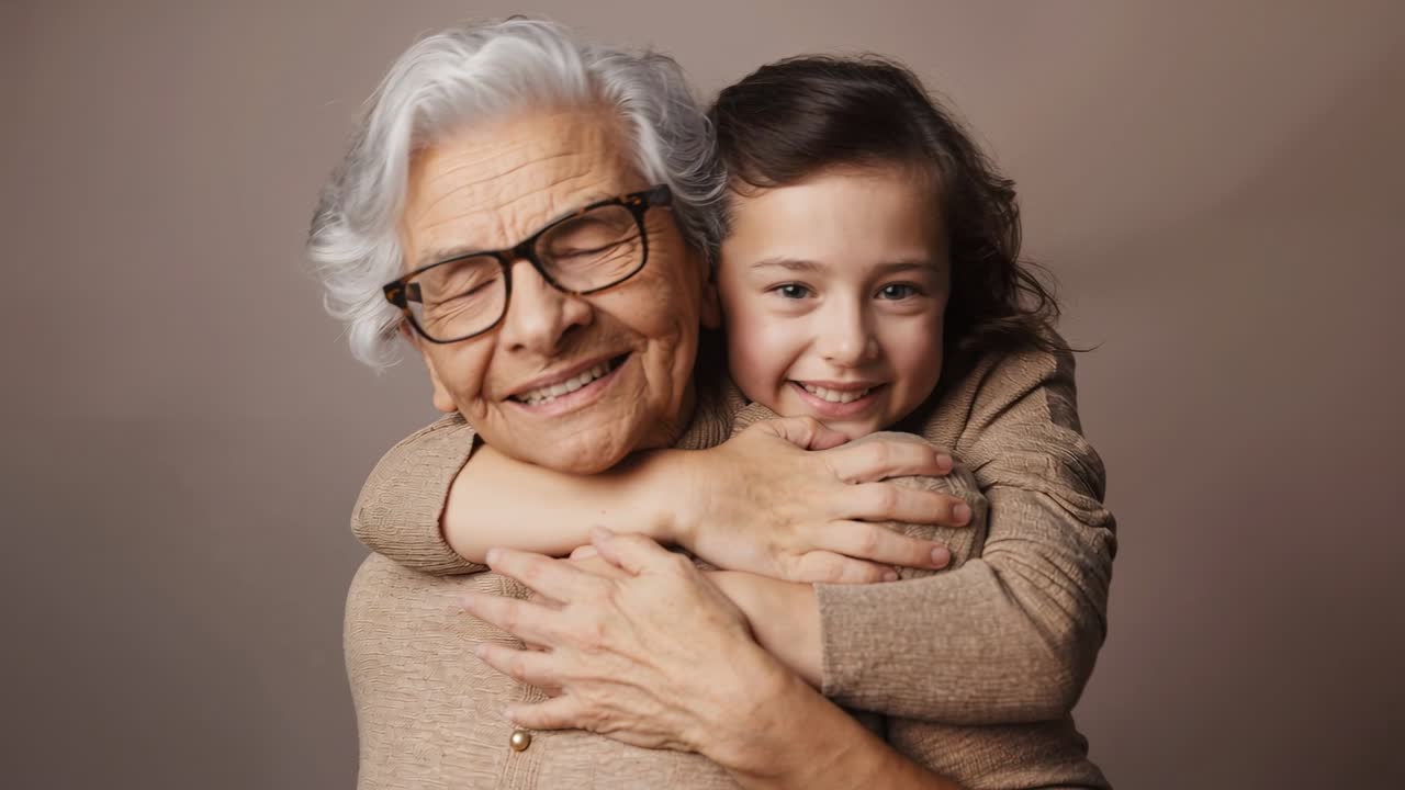Allo scatto, nonna e nipote si abbracciano in studio, con occhiali e maglioni abbinati.