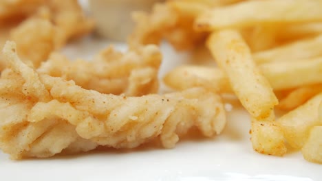 cooked squid rings and shrimp on a plate top view ,