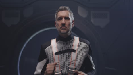 astronaut in spacesuit running in spacecraft interior