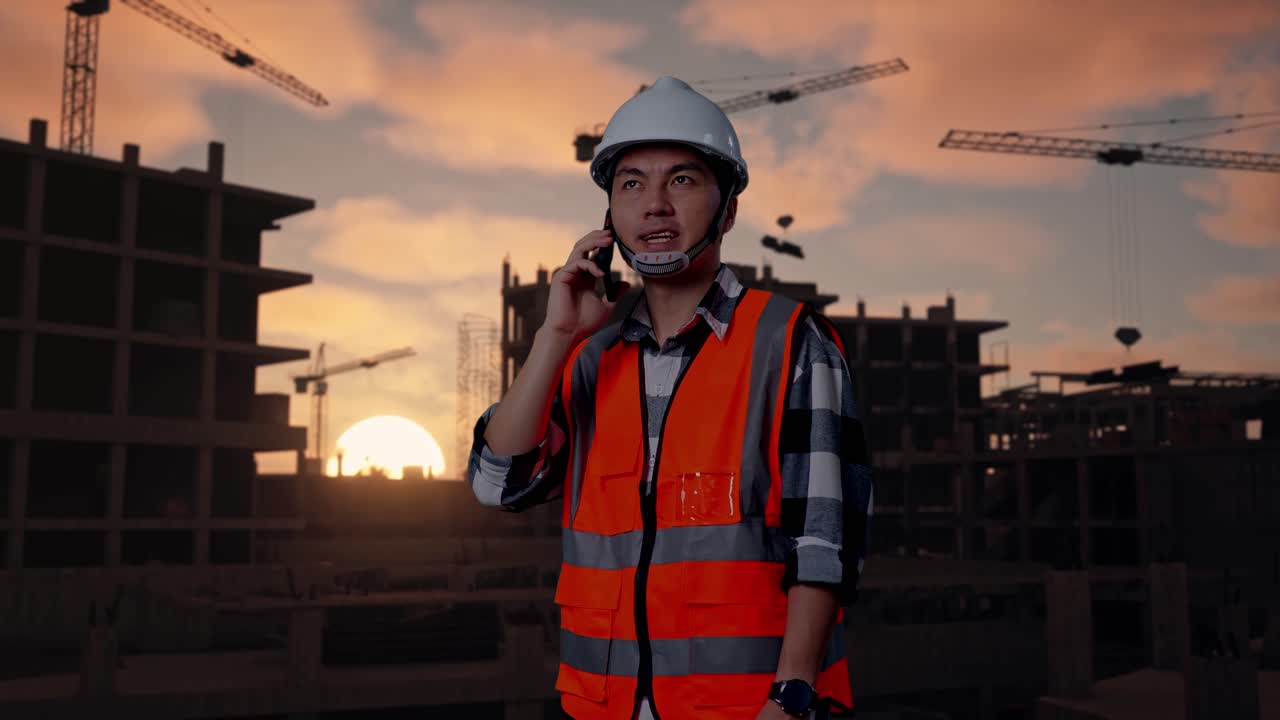 Side View Of Asian Male Engineer With Safety Helmet Talking On Smartphone While Standing At Building & Construction Site in Progress to New House