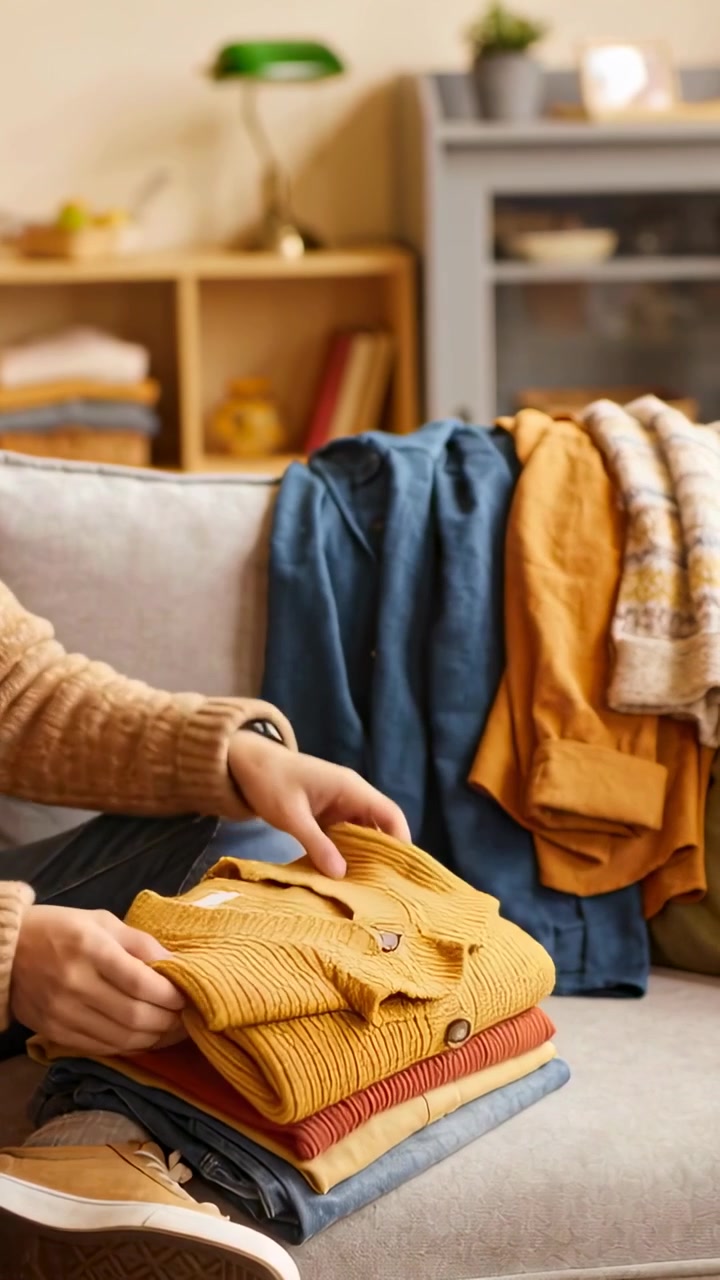 Vertical video: Reaching seated person wearing tan sweater folding mustard knit on sofa, tidying