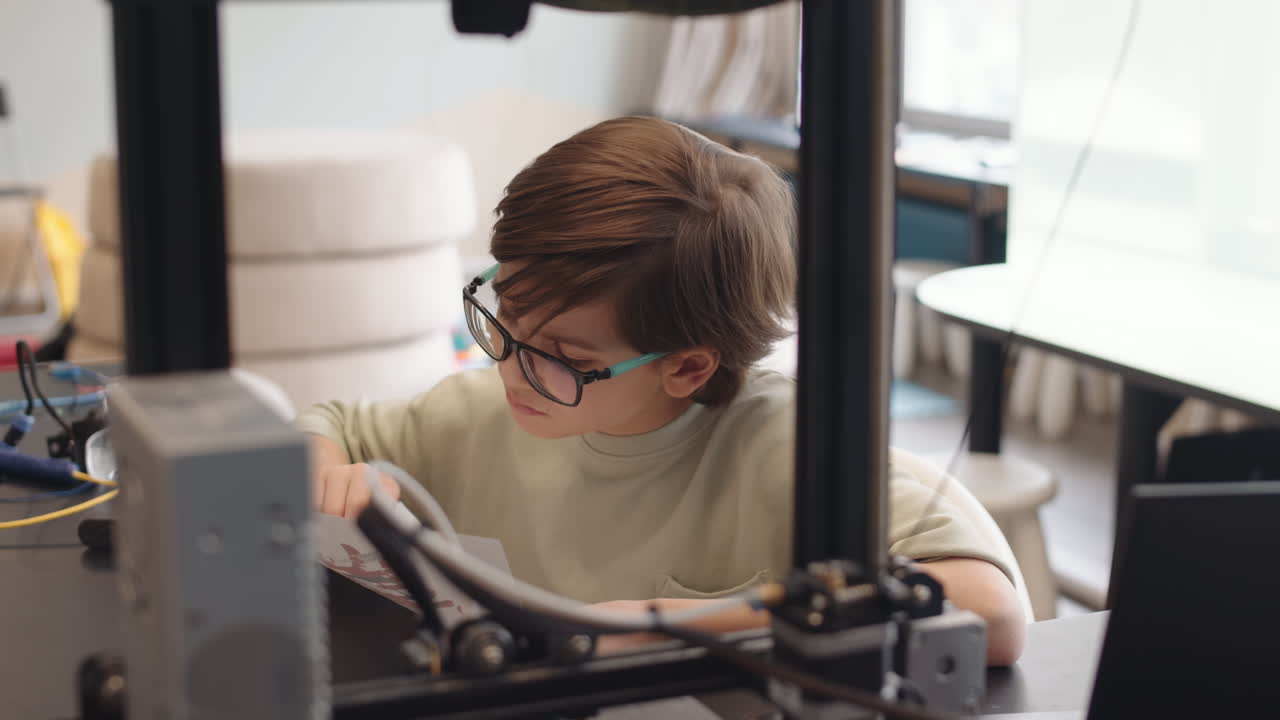 Caucasian Schoolboy Watching 3D Printer Working