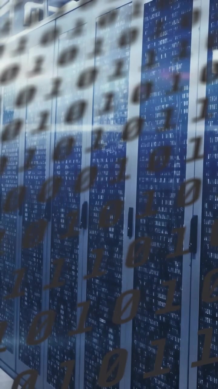 Vertical video: Camera shifting causing racks displaying drifting binary overlay showing data flow
