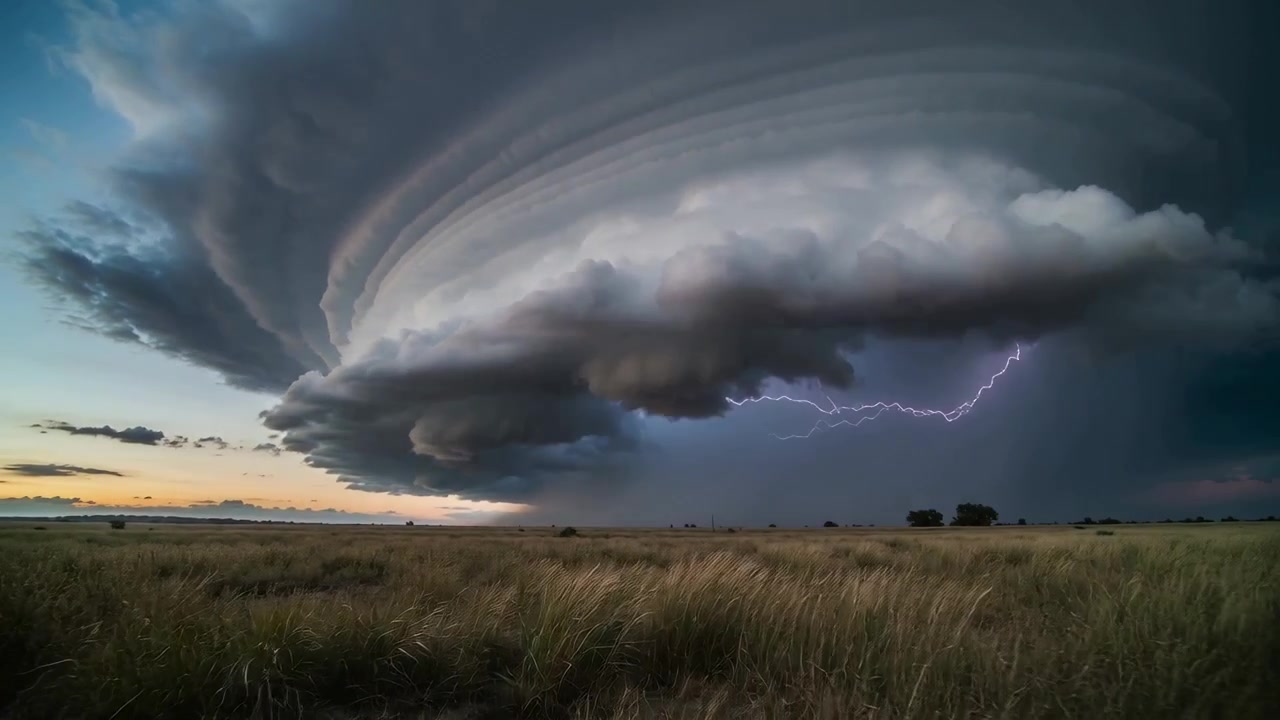 Nube a mensola rotante che guadagna potenza sopra la prateria al crepuscolo, abbassando la nube a muro e lampeggiando fulmini