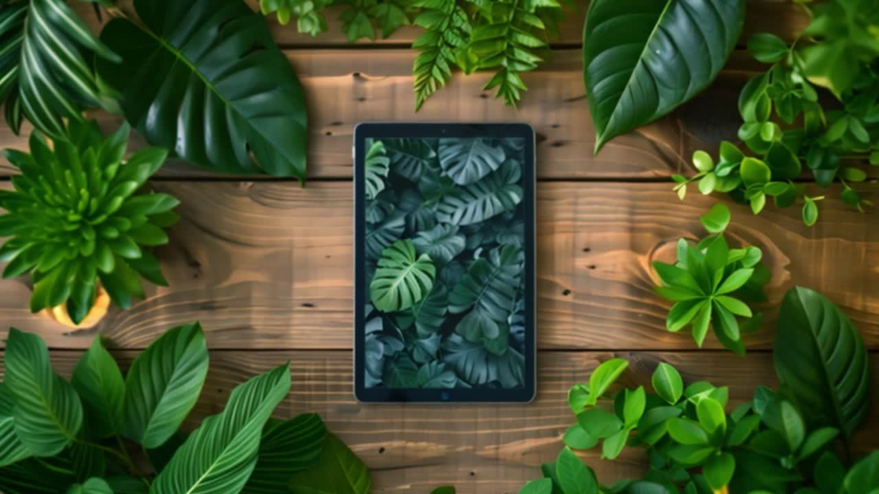 Tablet Displaying Green Leaves Surrounded by Various Plants on a Wooden Table