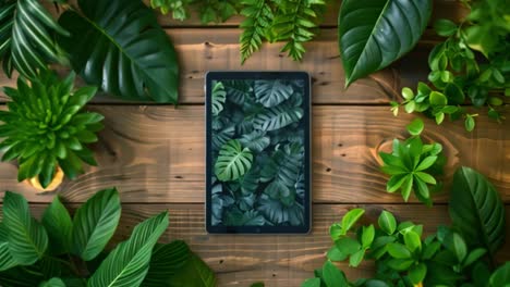 tablet displaying green leaves surrounded by various plants on a wooden table