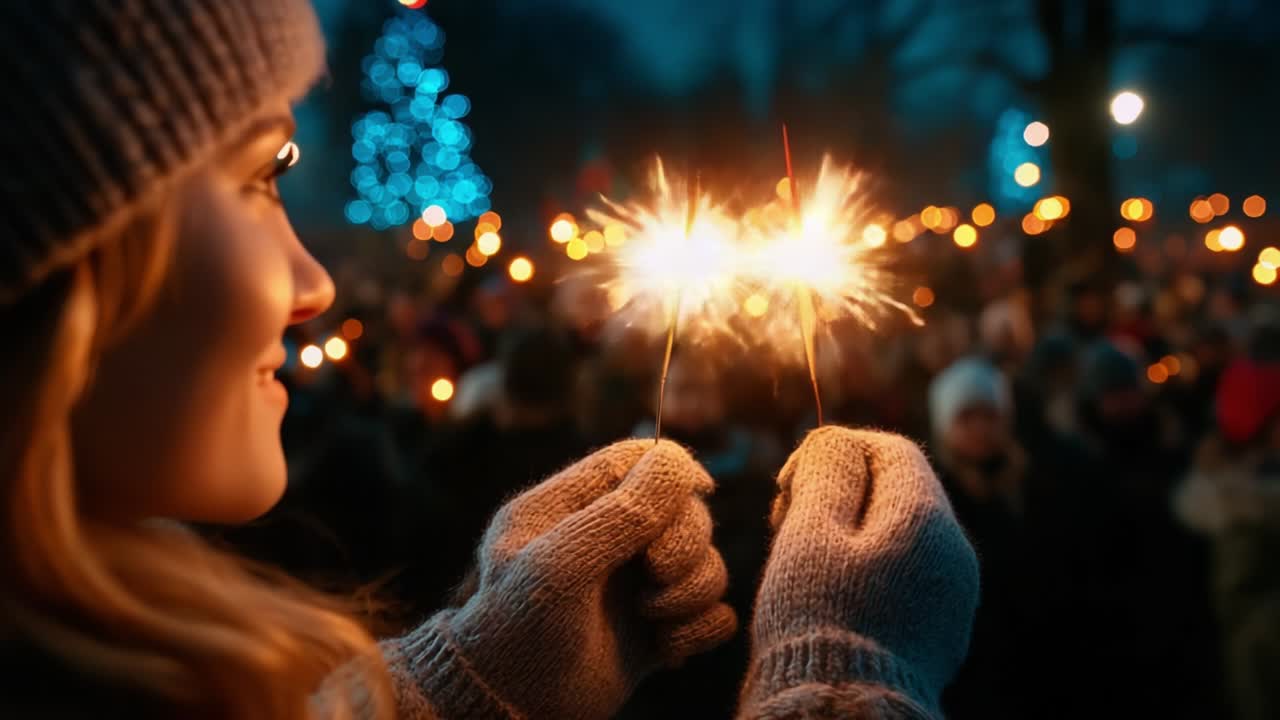 Una gioiosa festa serale con stelle filanti: una giovane donna sorride raggiante mentre illumina la notte con stelle filanti su uno sfondo scintillante di luci celebrative e atmosfera festosa