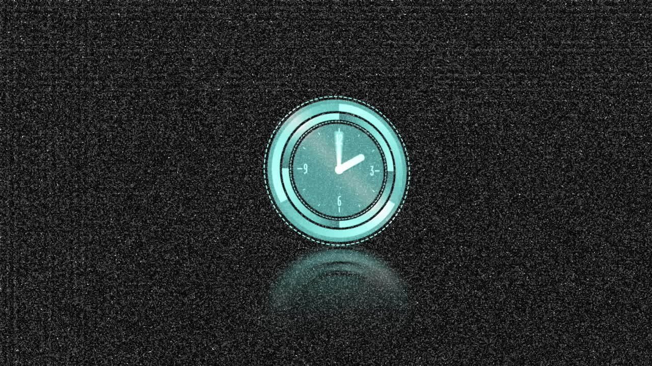 Animation of clock with rotating hands over sparkling black quartz background